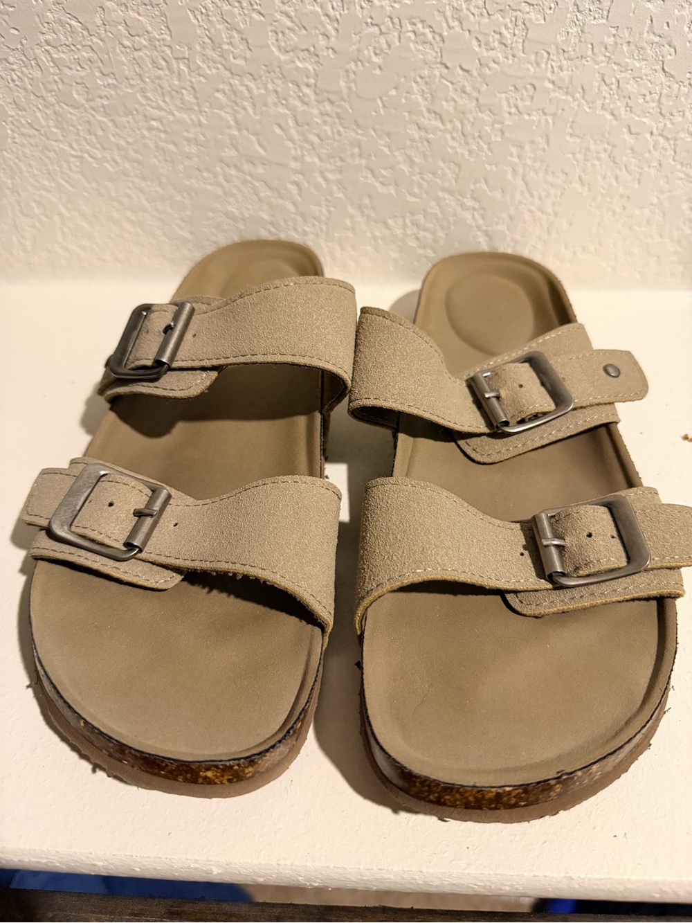 Beige Double-Buckle Slide Sandals